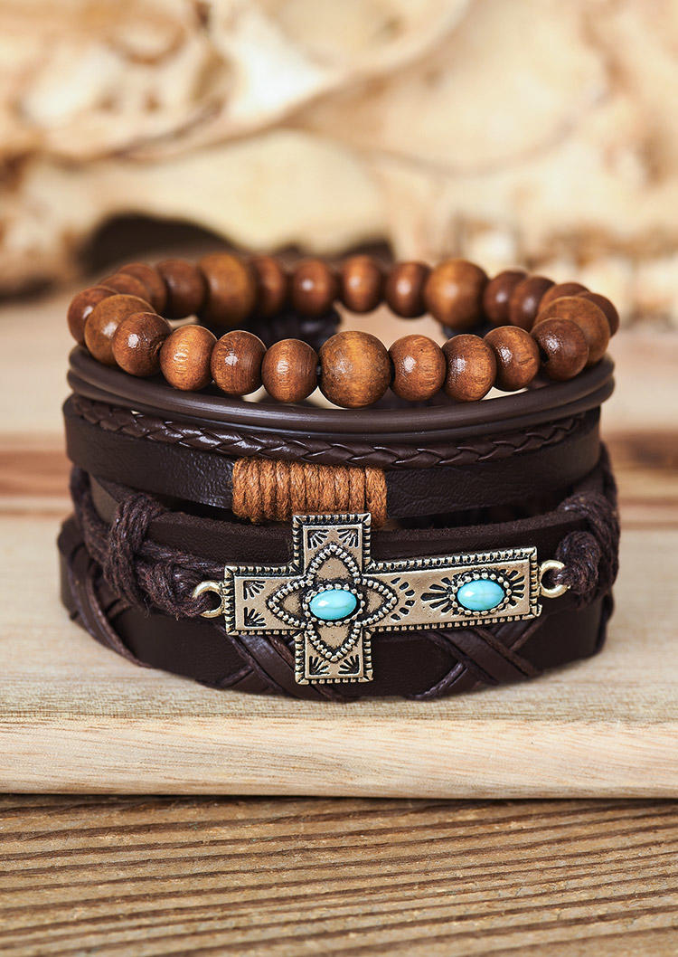 

4Pcs Turquoise Cross Beading Leather Bracelet Set, Dark coffee, 513543