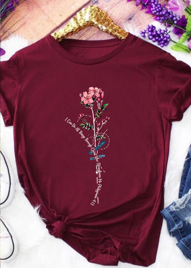 

I Can Do All Things Floral T-Shirt Tee - Burgundy, 513562
