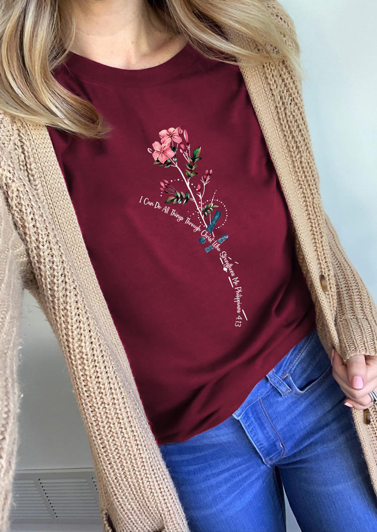 I Can Do All Things Floral T-Shirt Tee - 	Burgundy