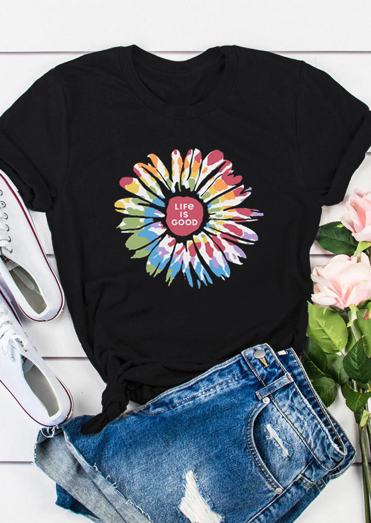 

Life Is Good Tie Dye Floral T-Shirt Tee - Black, 513566