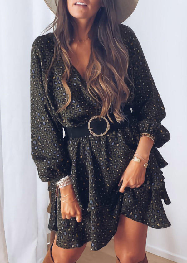 

Leopard Ruffled Layered V-Neck Mini Dress, Multicolor, 513589