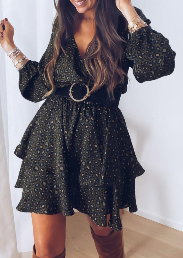 Leopard Ruffled Layered V-Neck Mini Dress