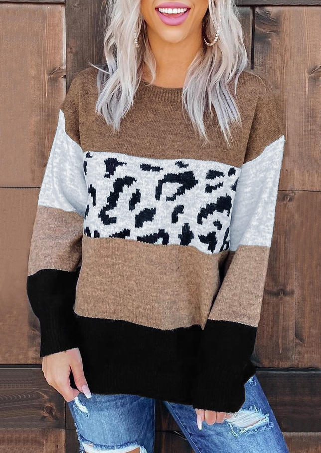

Color Block Leopard Splicing Long Sleeve Sweater, Multicolor, 513592