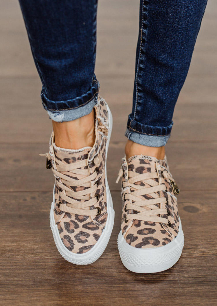 

Leopard Lace Up Round Toe Flat Sneakers, 513594
