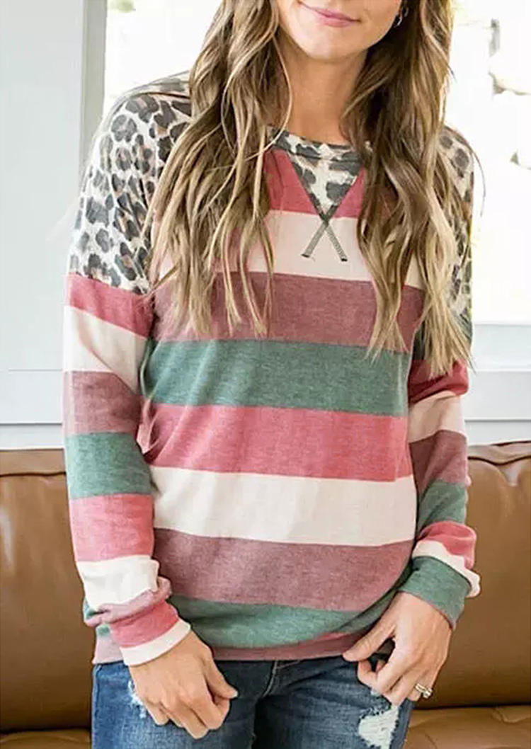 

Coloful Striped Leopard Long Sleeve Blouse, Multicolor, 513611
