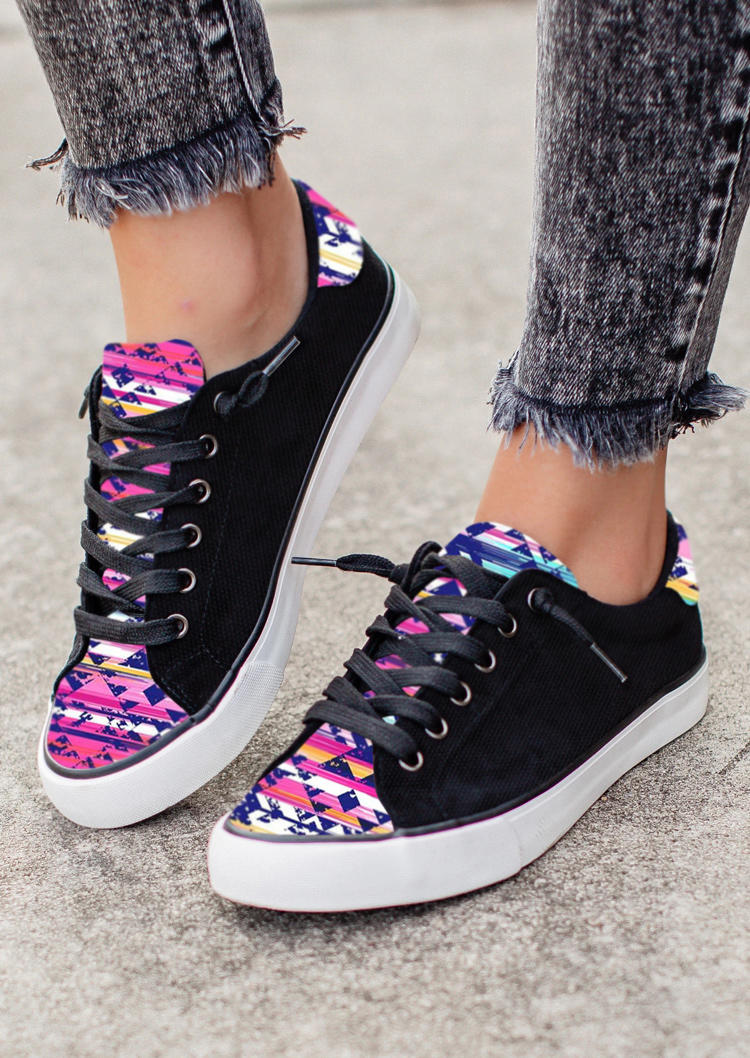 

Colorful Aztec Geometric Lace Up Flat Sneakers, Black, 513612