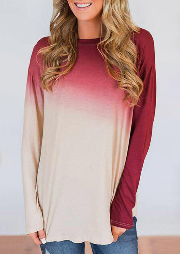 Gradient Long Sleeve O-Neck Blouse - Red