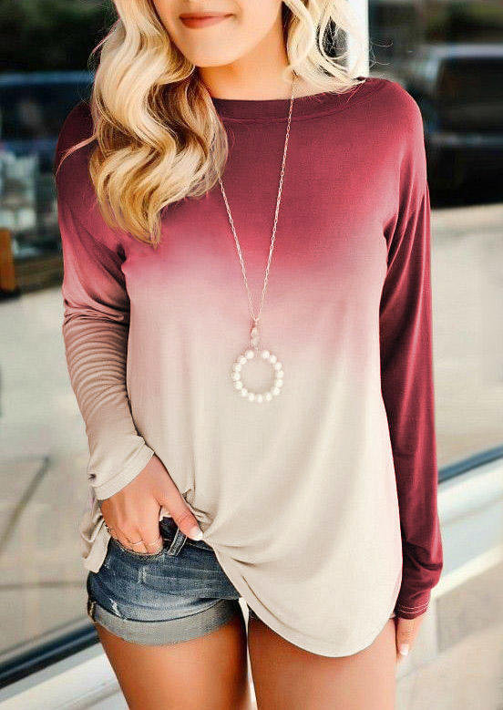 

Gradient Long Sleeve O-Neck Blouse - Red, 511727