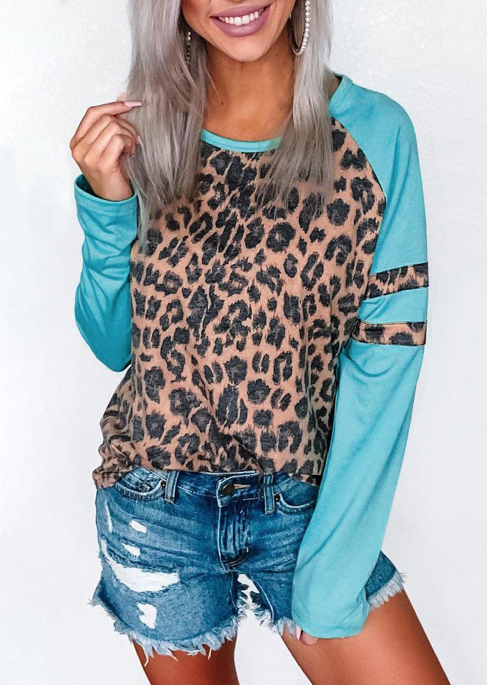 

Leopard Colorful Splicing Long Sleeve Blouse, Multicolor, 513466