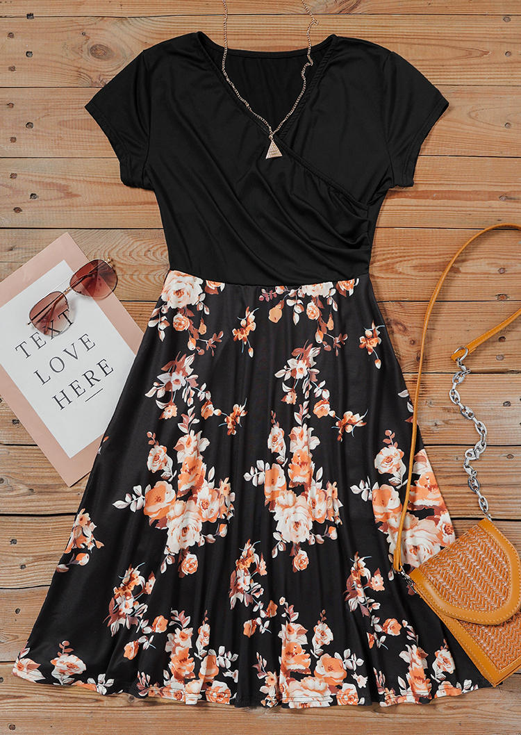 Floral V-Neck Wrap Mini Dress - Black