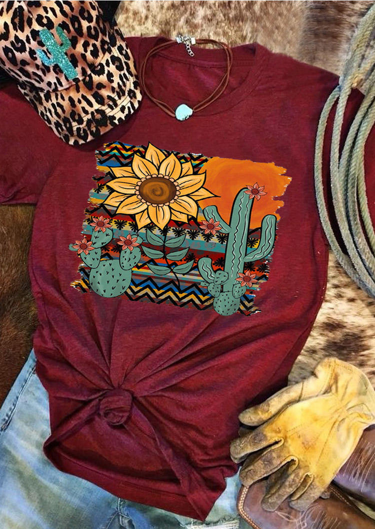 

Sunflower Cactus O-Neck T-Shirt Tee - Burgundy, 513646