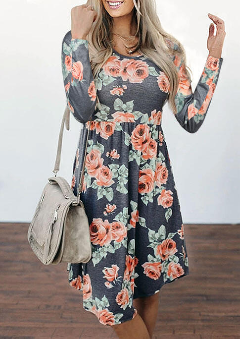 

Floral Ruffled Long Sleeve O-Neck Casual Dress - Gray, 513657