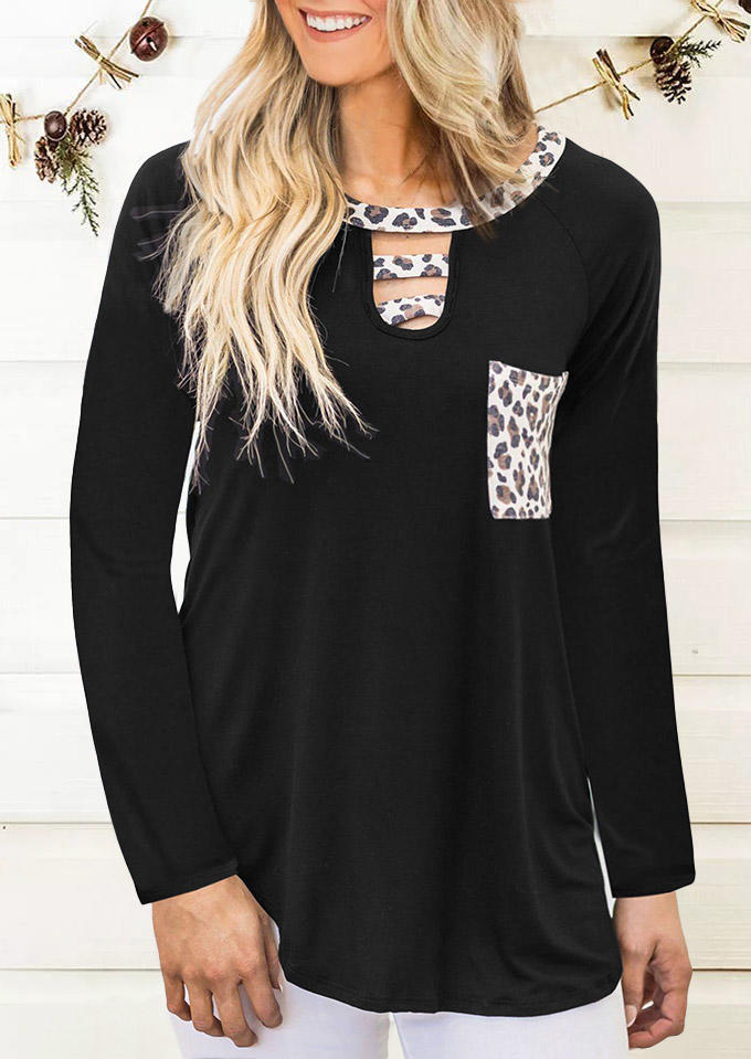 

Leopard Hollow Out Pocket Blouse - Black, 513662