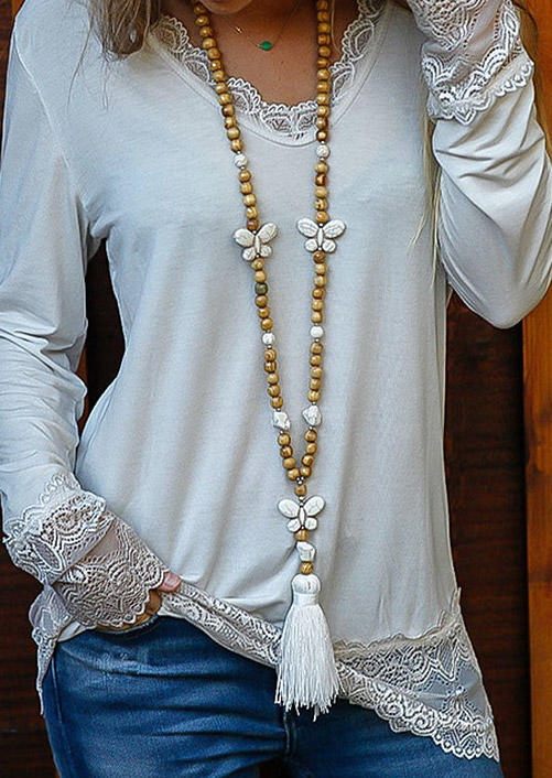 

Lace Splicing Long Sleeve Blouse - White, 513676