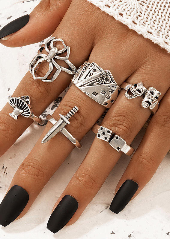 

6Pcs Halloween Spider Ghost Face Poker Ring Set, Silver, 513704