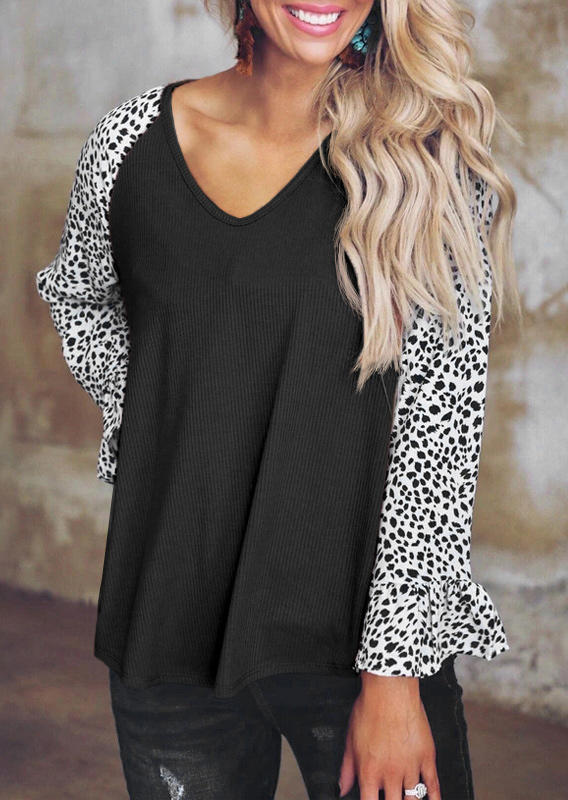 

Leopard Long Sleeve V-Neck Blouse -Black, 513720