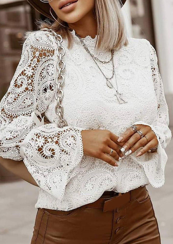 

Paisley Lace Hollow Out Flare Sleeve Blouse - White, 513144