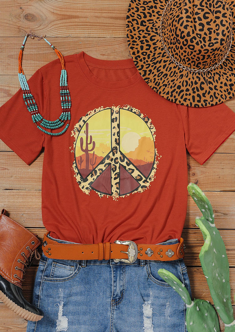 Desert Cactus Sunset Peace Leopard T-Shirt Tee - Red