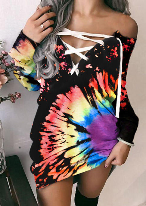 

Reverse Tie Dye Rainbow Lace Up Mini Dress, Multicolor, 513593