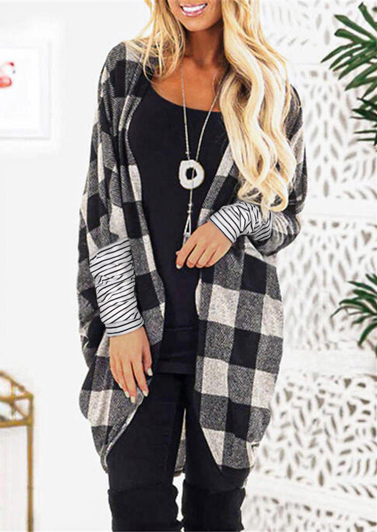 

Plaid Striped Splicing Long Sleeve Cardigan, Multicolor, 513605