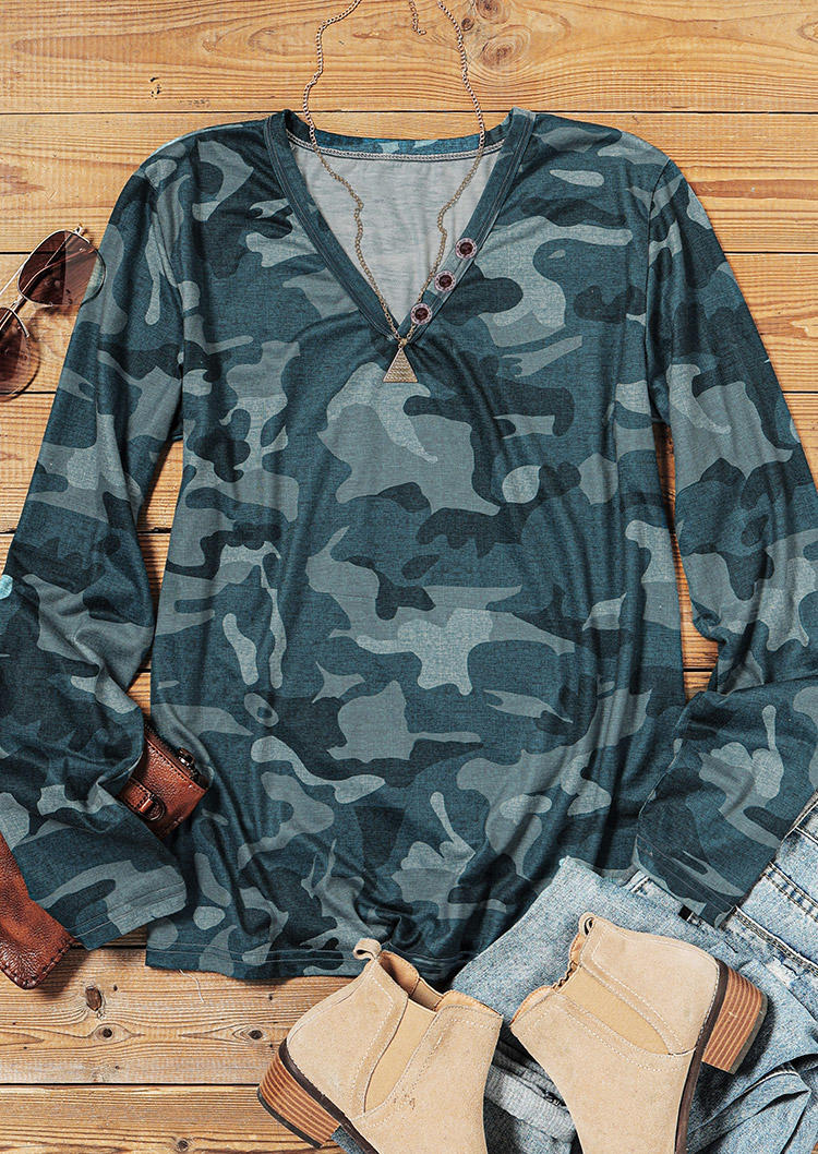 Camouflage Button V-Neck Long Sleeve Blouse