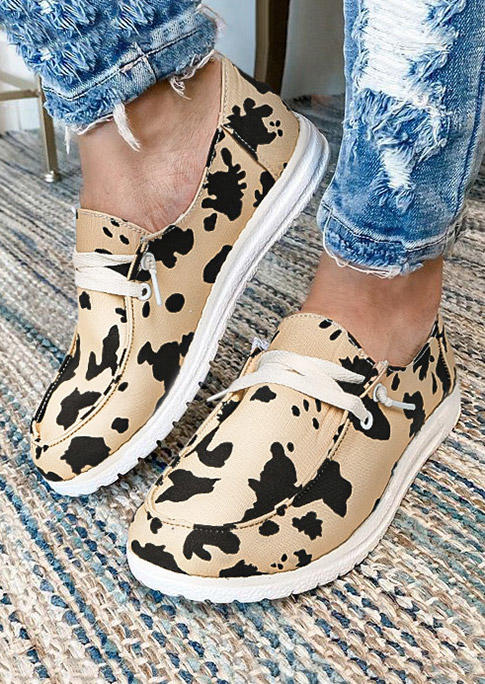 

Cow Lace Up Round Toe Flat Sneakers - Light Khaki, 513632