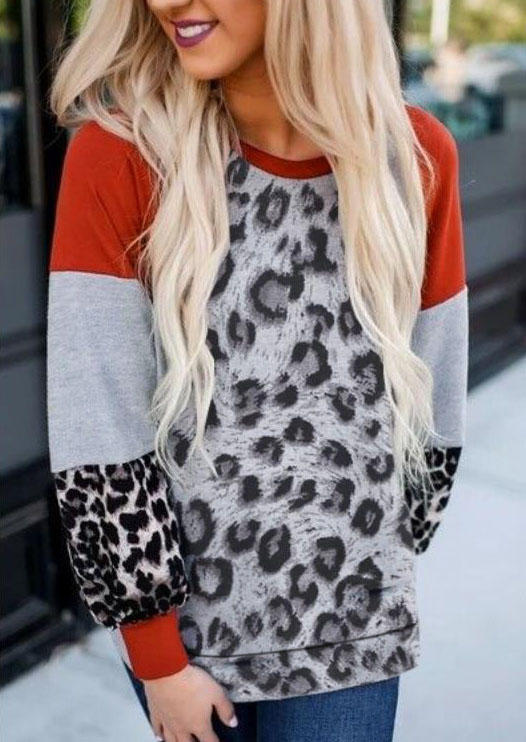 

Leopard Color Block Long Sleeve T-Shirt Tee, 513650
