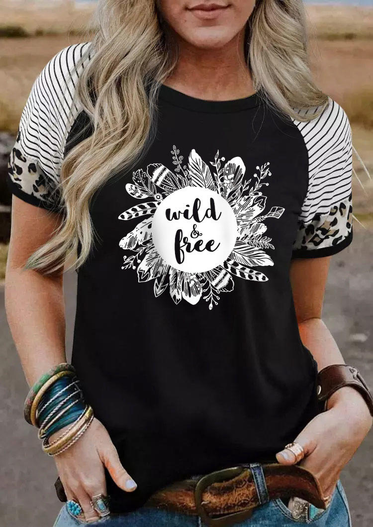 

Wild & Free Striped Leopard Splicing Feather T-Shirt Tee - Black, 513670