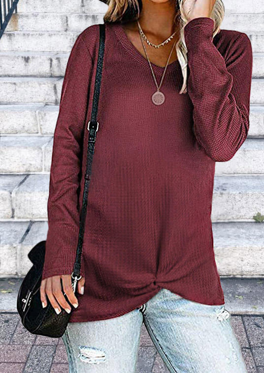 

Twist Long Sleeve V-Neck Blouse - Burgundy, 513682