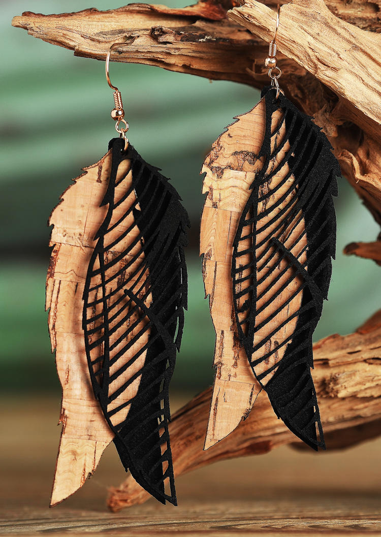 

Leaf Hollow Out Double-Layered Leather Earrings, Black, 513688