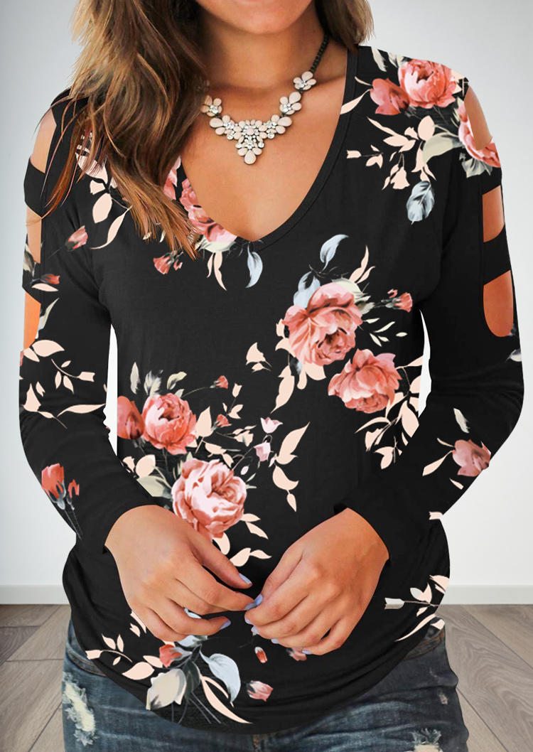 

Floral Hollow Out V-Neck Blouse - Black, 513749