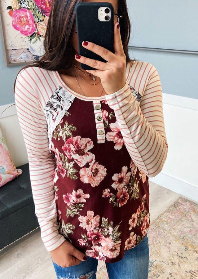 

Striped Floral Splicing Lace Button Blouse - Red, 513751