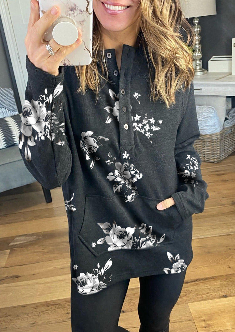 

Floral Button Pocket Long Sleeve Hoodie - Dark Grey, Gray, 513754