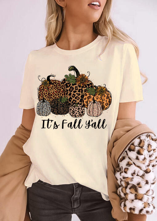 It's Fall Y'all Leopard Pumpkin T-Shirt Tee - Beige