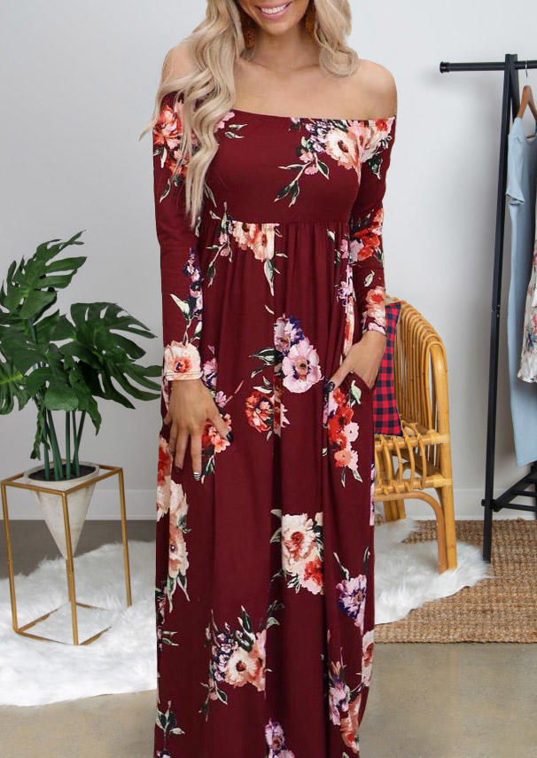 

Floral Pocket Ruffled Off Shoulder Maxi Dress - Burgundy, 513771