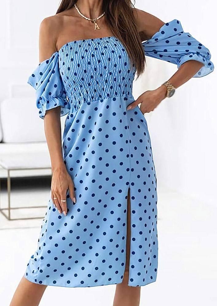 

Polka Dot Slit Off Shoulder Smocked Midi Dress - Blue, 513896
