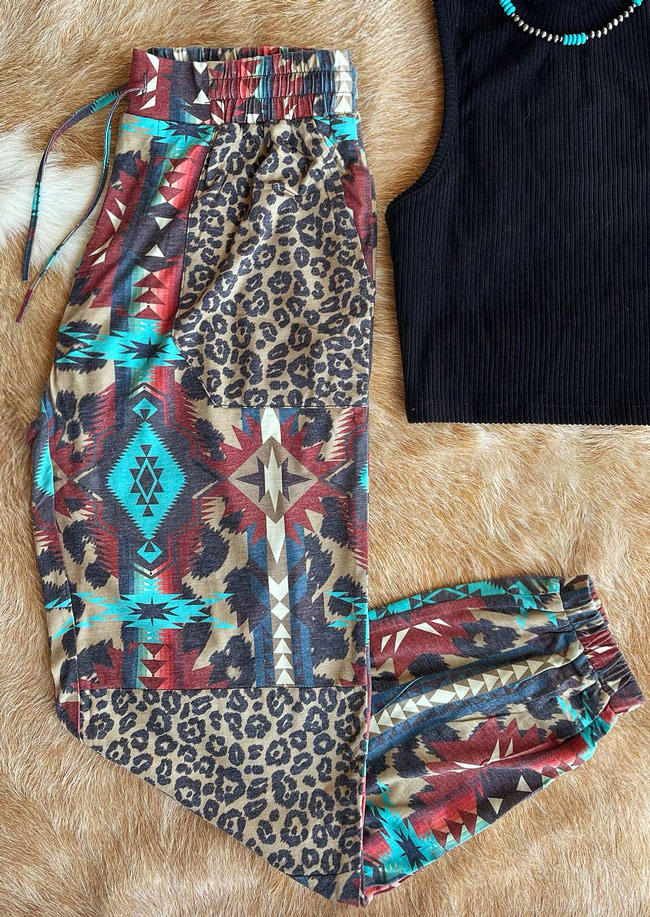 

Leopard Aztec Geometric Drawstring Pants, Multicolor, 513897