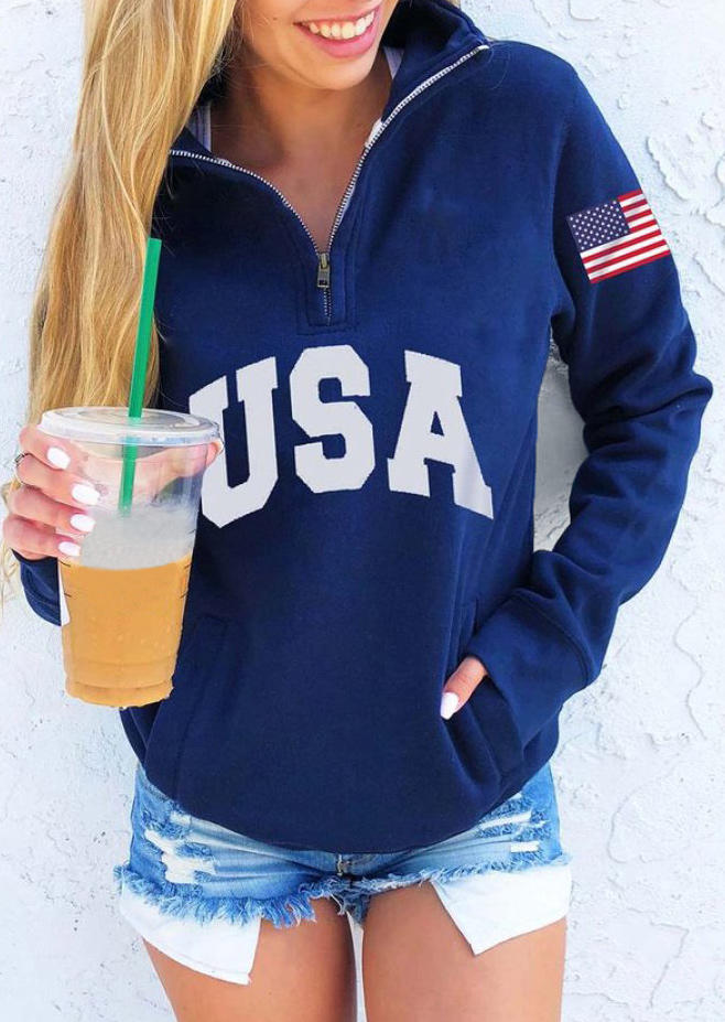 

USA America Flag Zipper Pocket Sweatshirt - Deep Blue, FZ003773