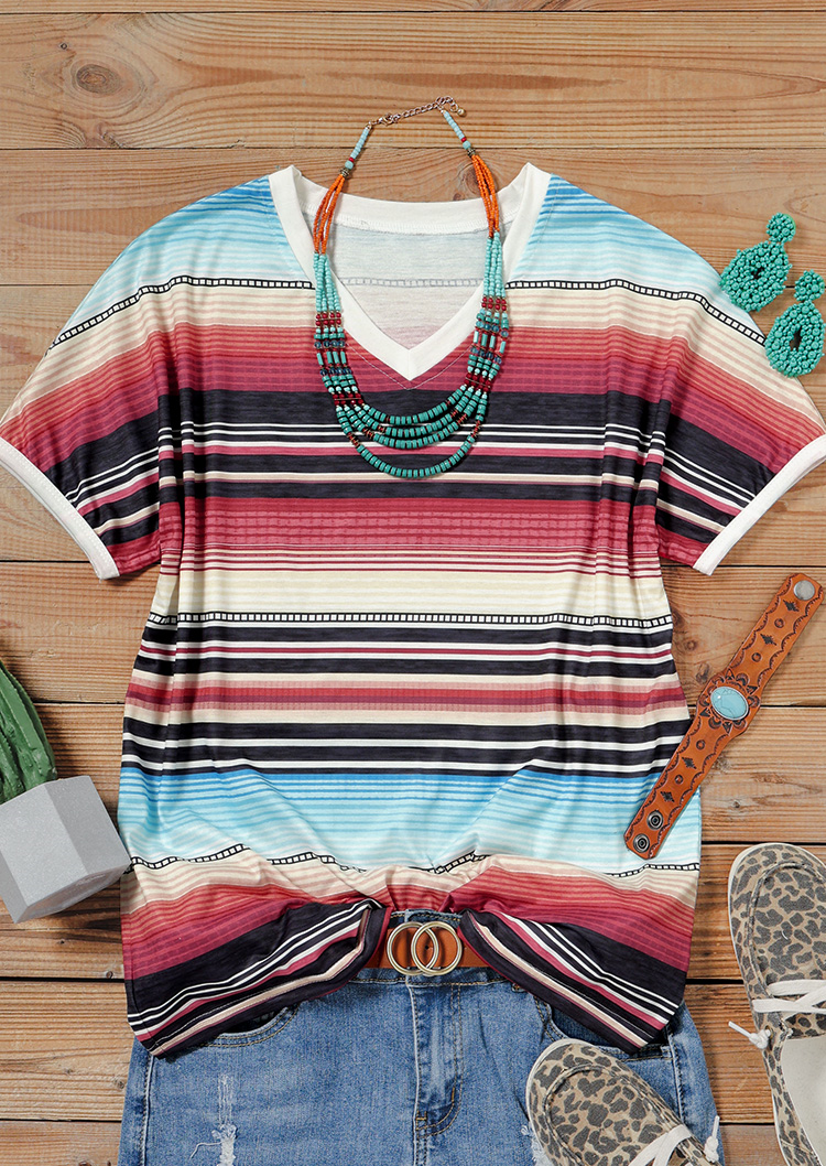 Buy Serape Striped V-Neck T-Shirt Tee. Picture