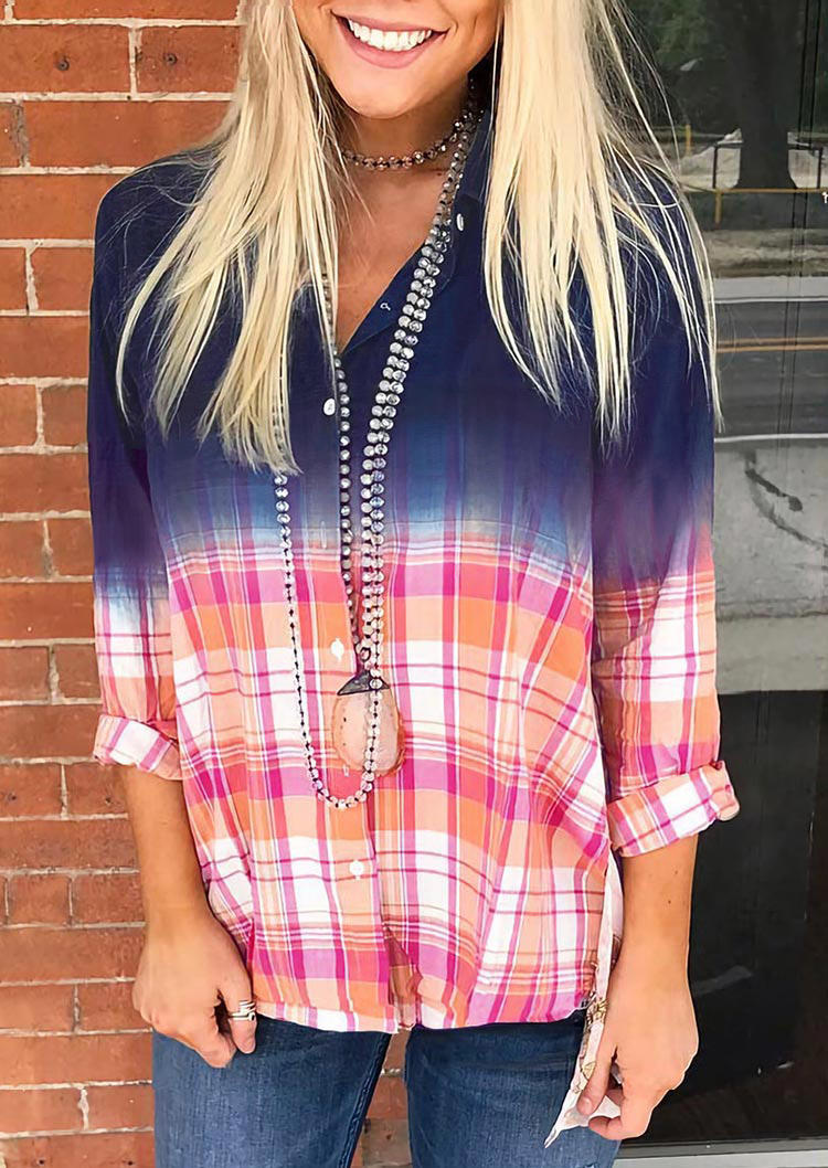 

Plaid Gradient Button Long Sleeve Turn-down Collar Shirt, Multicolor, 512771