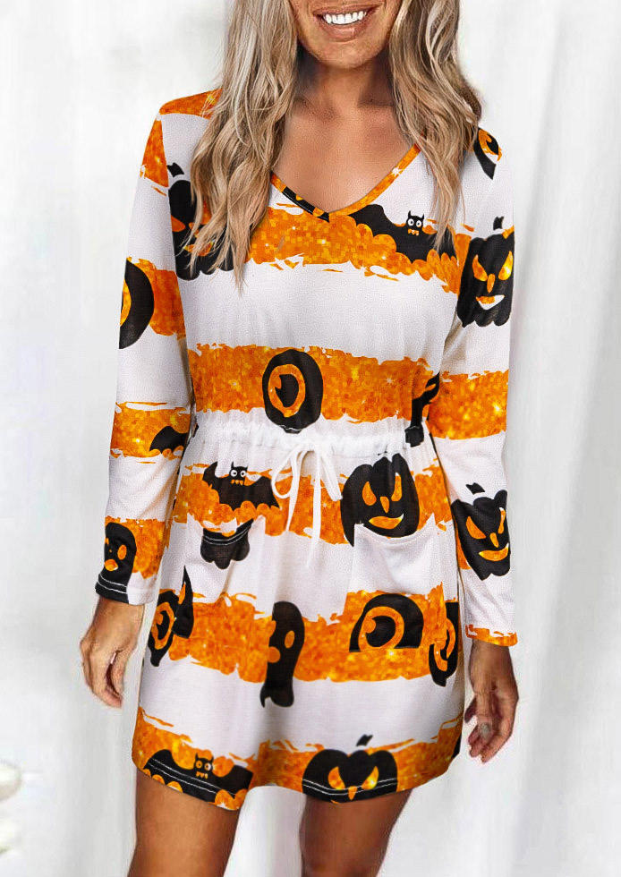 

Halloween Pumpkin Face Bat Drawstring Mini Dress, Multicolor, 513747