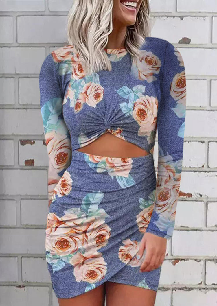 

Floral Hollow Out Twist Bodycon Dress - Gray, 513750