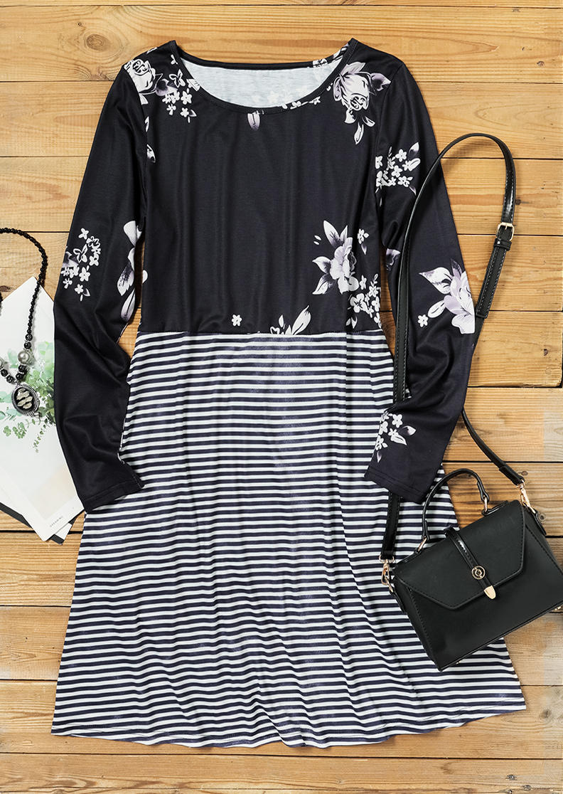 Floral Striped O-Neck Long Sleeve Mini Dress - Black