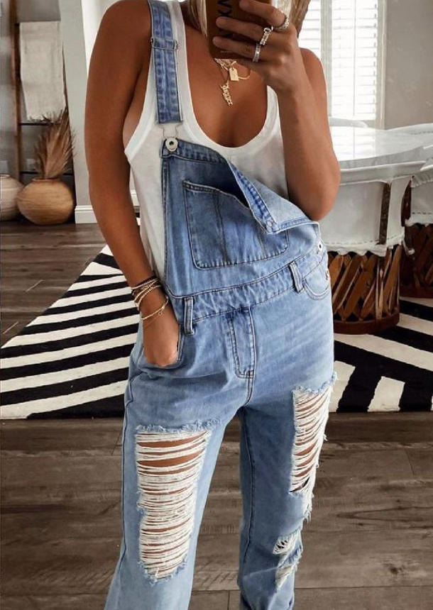 

Ripped Hole Frayed Pocket Overall Jumpsuit - Light Blue, 513912