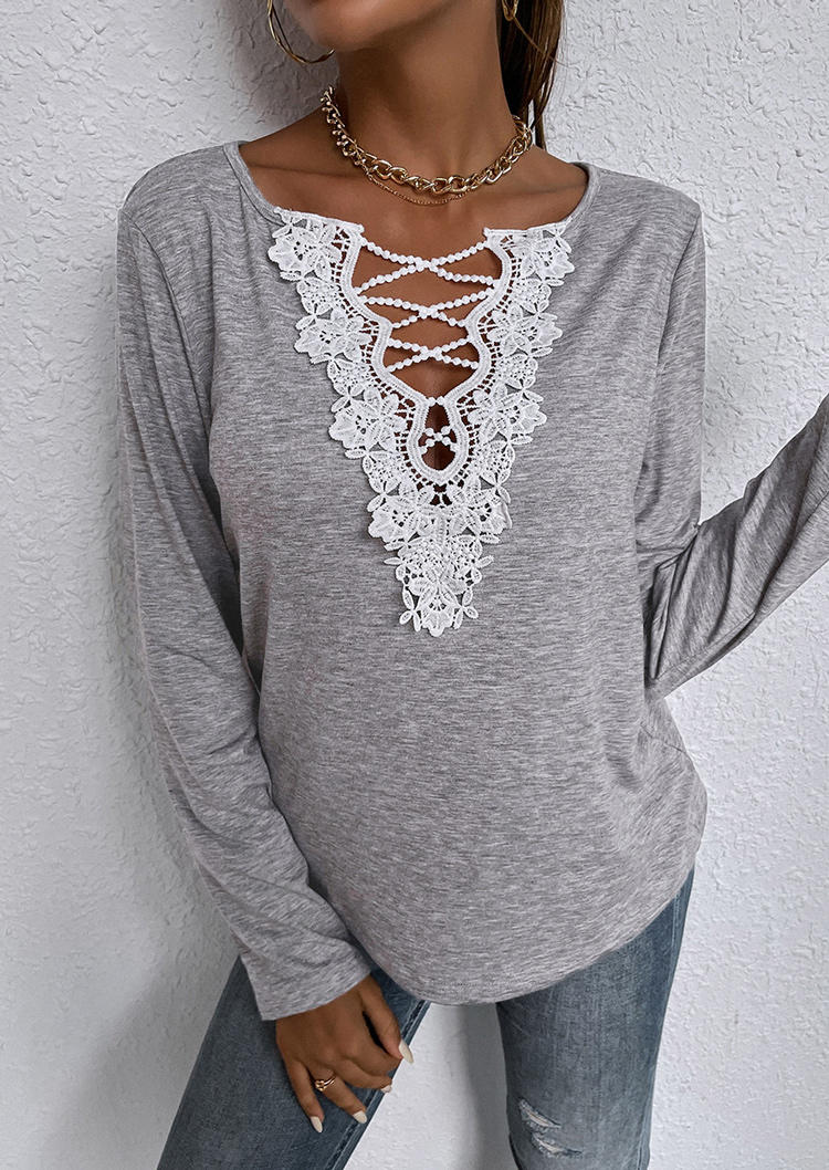 

Lace Criss-Cross Long Sleeve Blouse - Gray, 513939