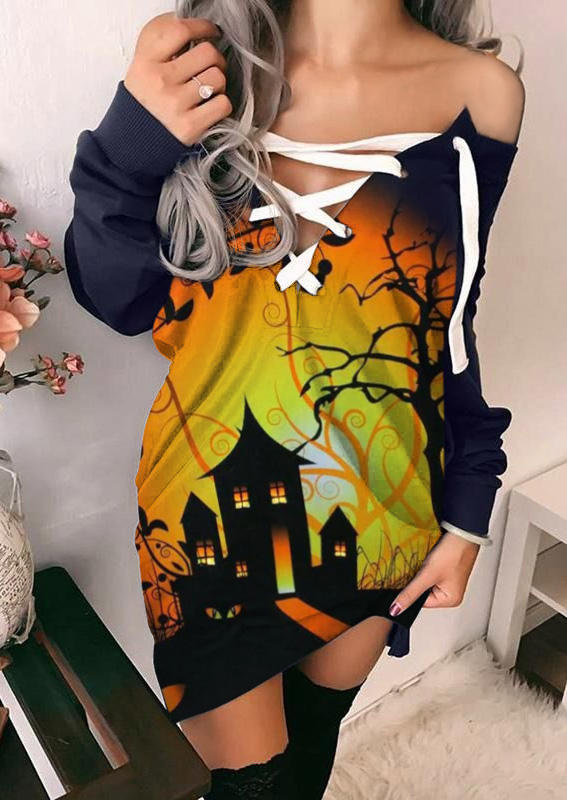 

Halloween Lace Up Long Sleeve Mini Dress, Multicolor, 514023