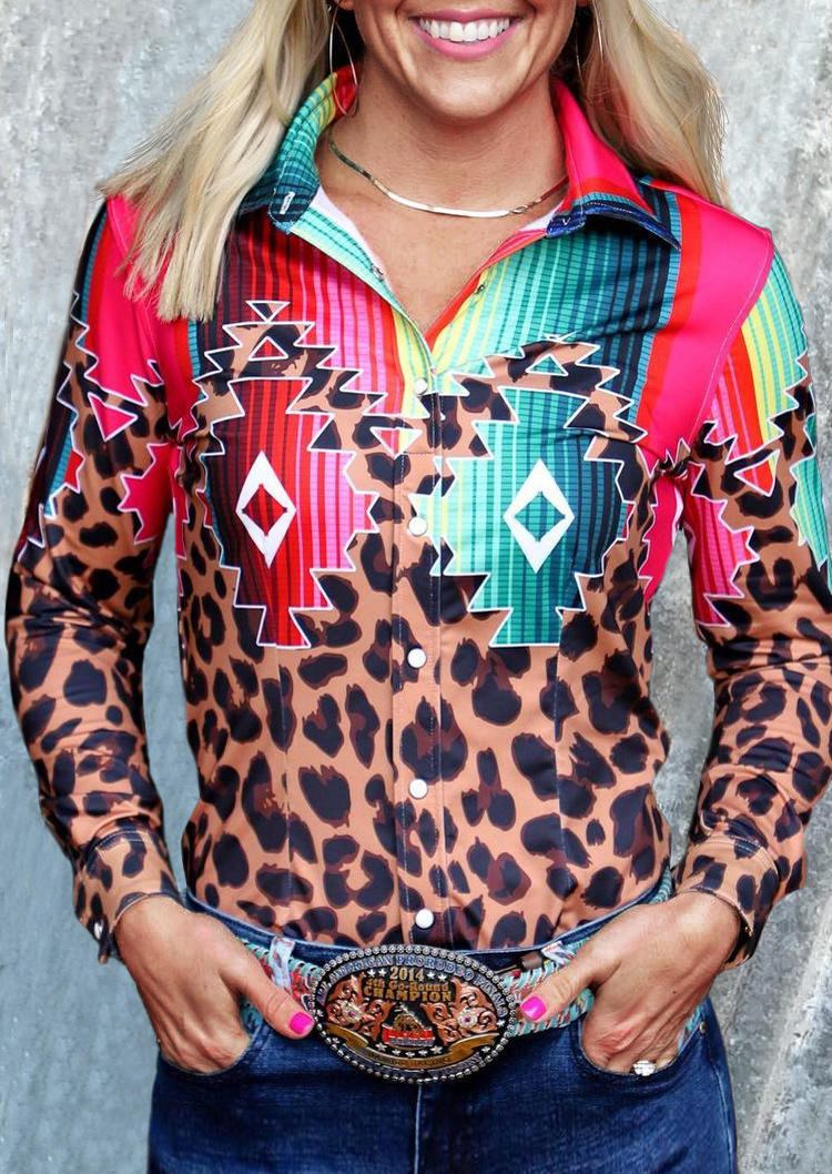 

Leopard Aztec Geometric Long Sleeve Casual Blouse, Multicolor, 514028