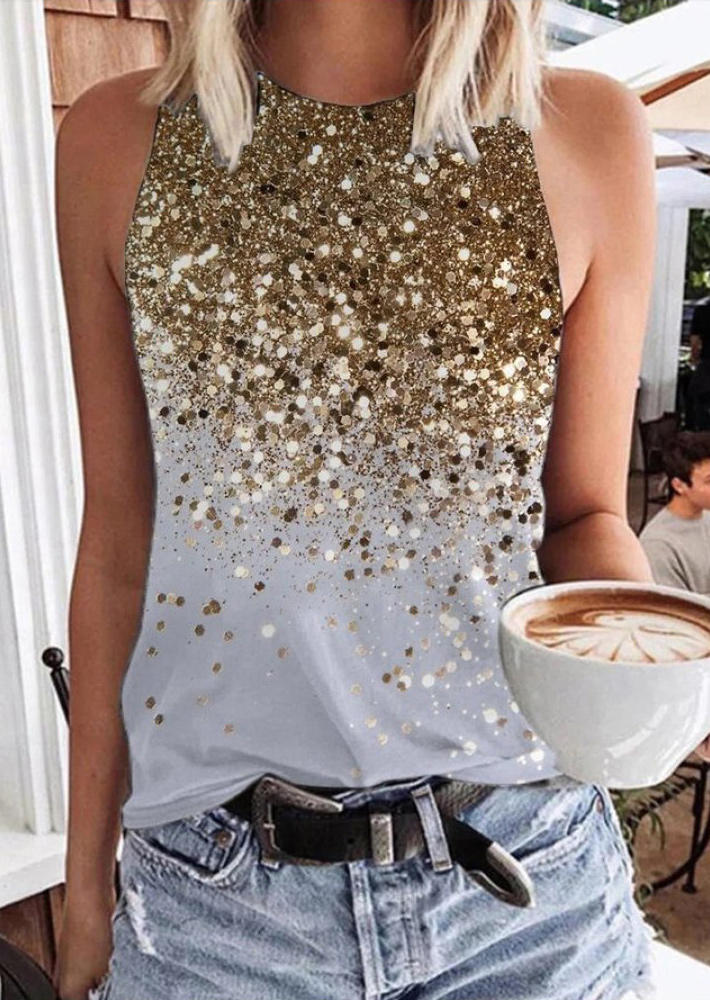

Glitter Sleeveless O-Neck Tank - Gray, FZ002433