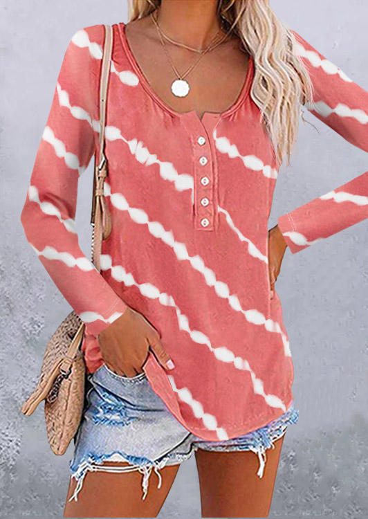 

Tie Dye Striped Button O-Neck T-Shirt Tee - Watermelon Red, 510534
