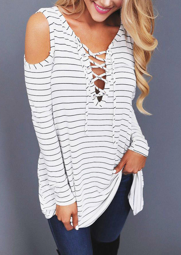 Striped Lace Up Cold Shoulder Long Sleeve Blouse